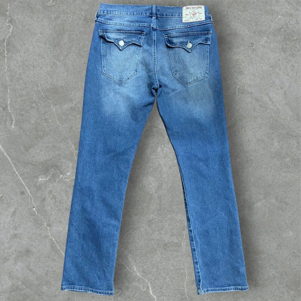 True Religion Ricky Relaxed Straight Leg Flap Pocket Denim Blue Jeans Womens 34 - Picture 1 of 10